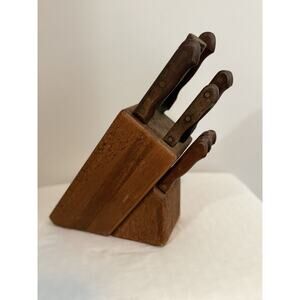 Vintage Tramontina Wood Handle Knife Set w/ Block Brazil Stainless Cutlery